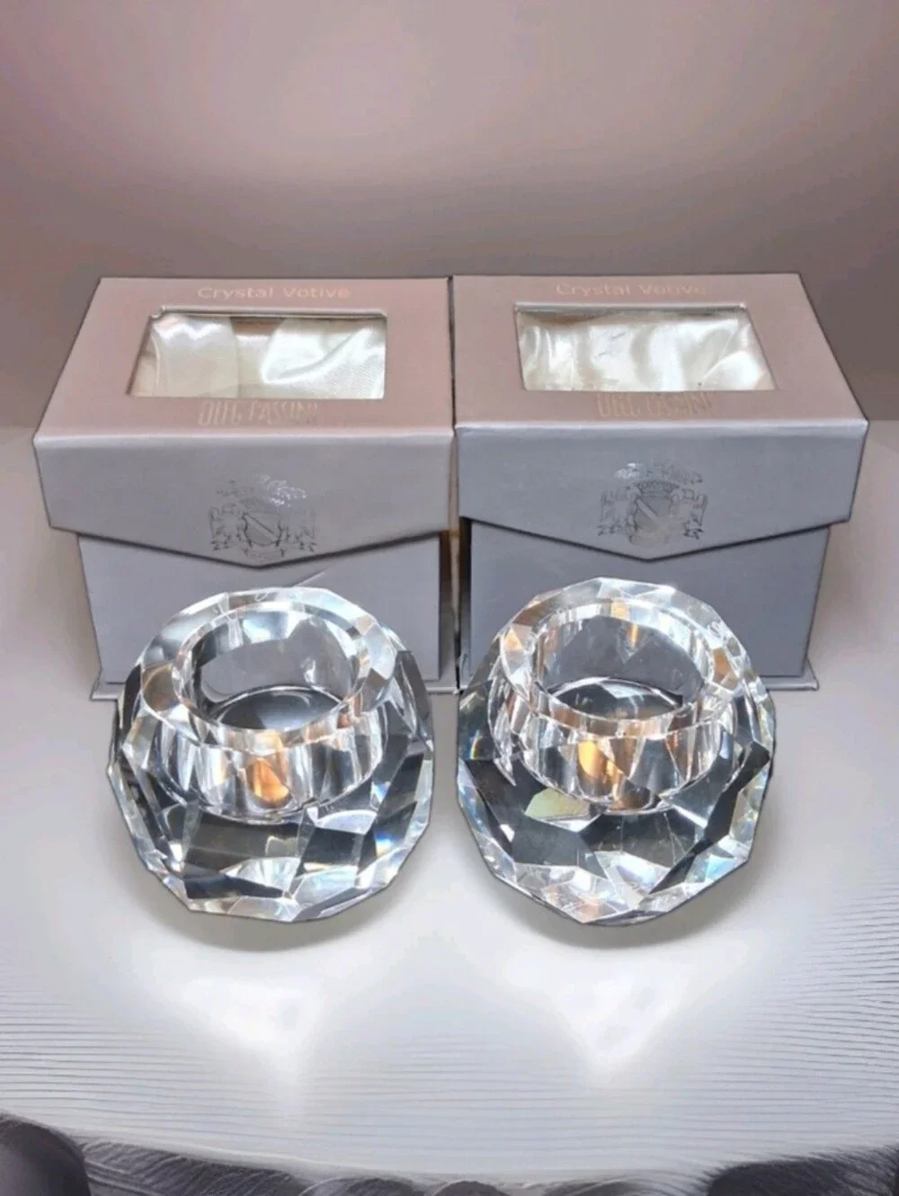 Set of  2 Oleg Cassini Crystal Votive Faceted Candle Holders JACKIE